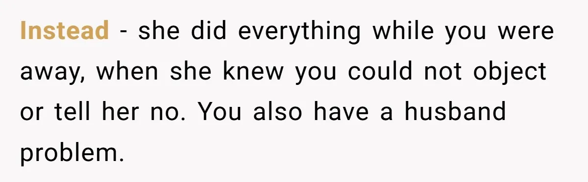 Woman Kicks Out Her Mother-In-Law After She “Tidies” The House A Little Too Much Instead - she did everything while you were away, when she knew you could not object or tell her no. You also have a husband problem.