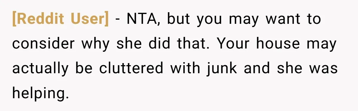 [Reddit User] − NTA, but you may want to consider why she did that. Your house may actually be cluttered with junk and she was helping.