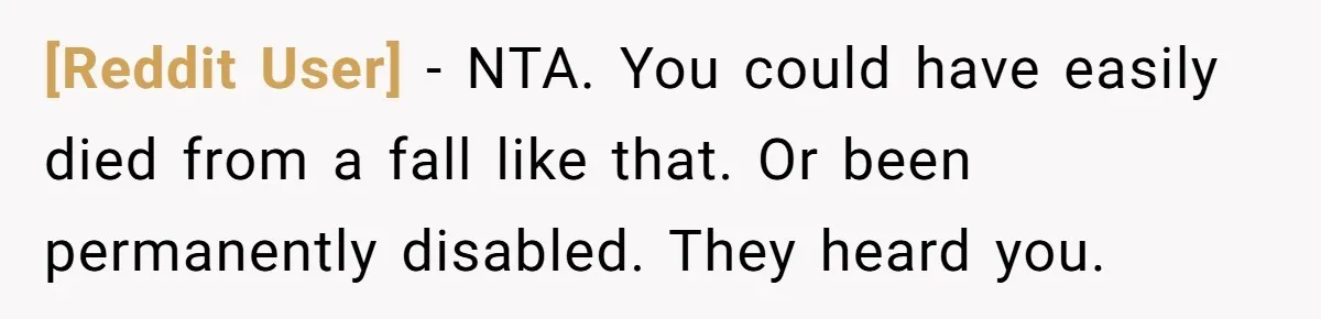 [Reddit User] − NTA. You could have easily died from a fall like that. Or been permanently disabled. They heard you.