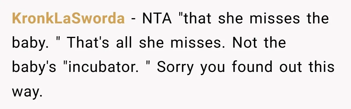 Young Mom Refuses In-Laws’ Help After A Fall Exposes A Chilling Priority KronkLaSworda − NTA "that she misses the baby. " That's all she misses. Not the baby's "incubator. " Sorry you found out this way.