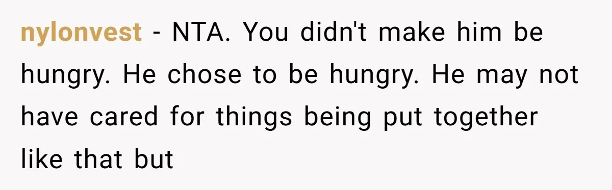 nylonvest − NTA. You didn't make him be hungry. He chose to be hungry. He may not have cared for things being put together like that but