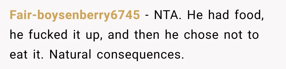 Fair-boysenberry6745 − NTA. He had food, he fucked it up, and then he chose not to eat it. Natural consequences.