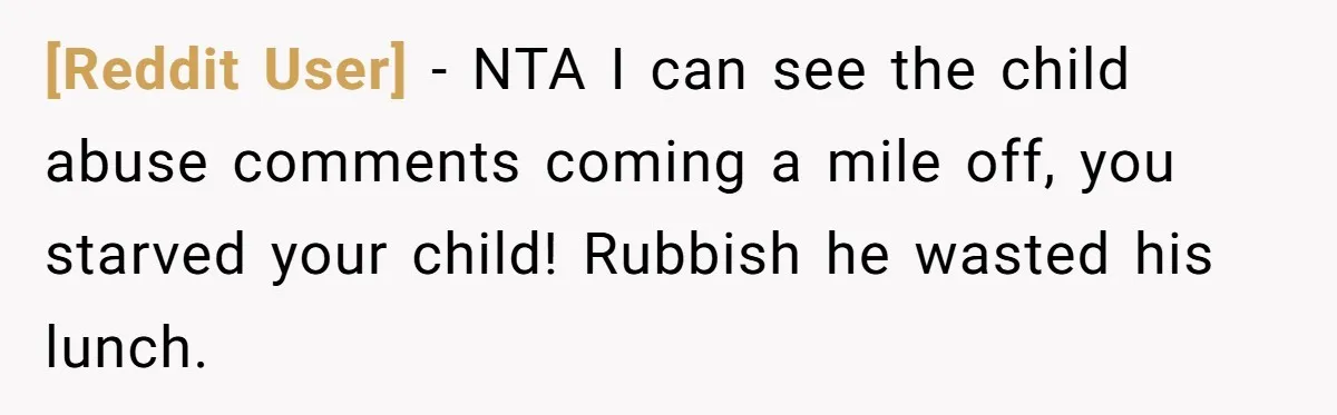 [Reddit User] − NTA I can see the child abuse comments coming a mile off, you starved your child! Rubbish he wasted his lunch.
