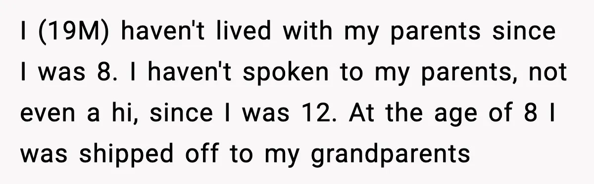 I (19M) haven't lived with my parents since I was 8. I haven't spoken to my parents, not even a hi, since I was 12. At the age of 8...