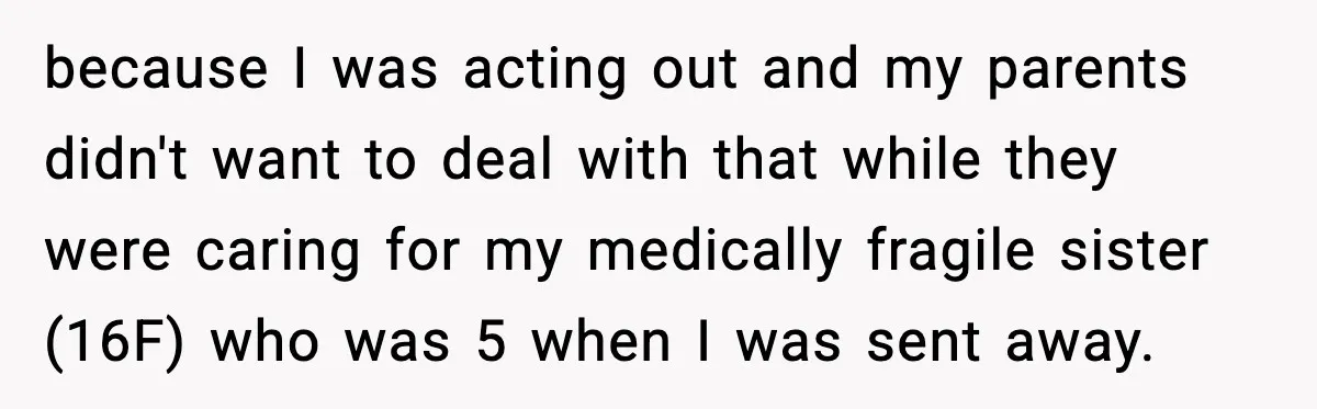 because I was acting out and my parents didn't want to deal with that while they were caring for my medically fragile sister (16F) who was 5 when I was...