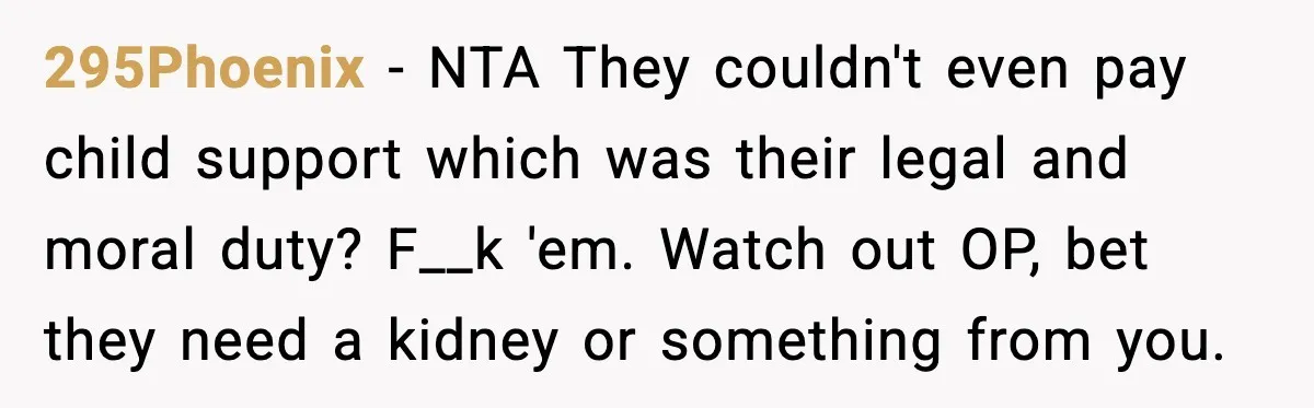 295Phoenix - NTA They couldn't even pay child support which was their legal and moral duty? F__k 'em. Watch out OP, bet they need a kidney or something from you.