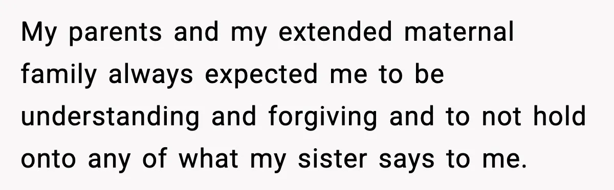 Teen Refuses Christmas at Home After Sister’s Threats, Parents Say She Must Stay My parents and my extended maternal family always expected me to be understanding and forgiving and to not hold onto any of what my sister says to me.