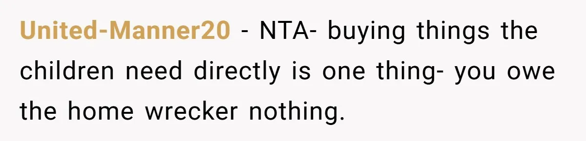 United-Manner20 − NTA- buying things the children need directly is one thing- you owe the home wrecker nothing.