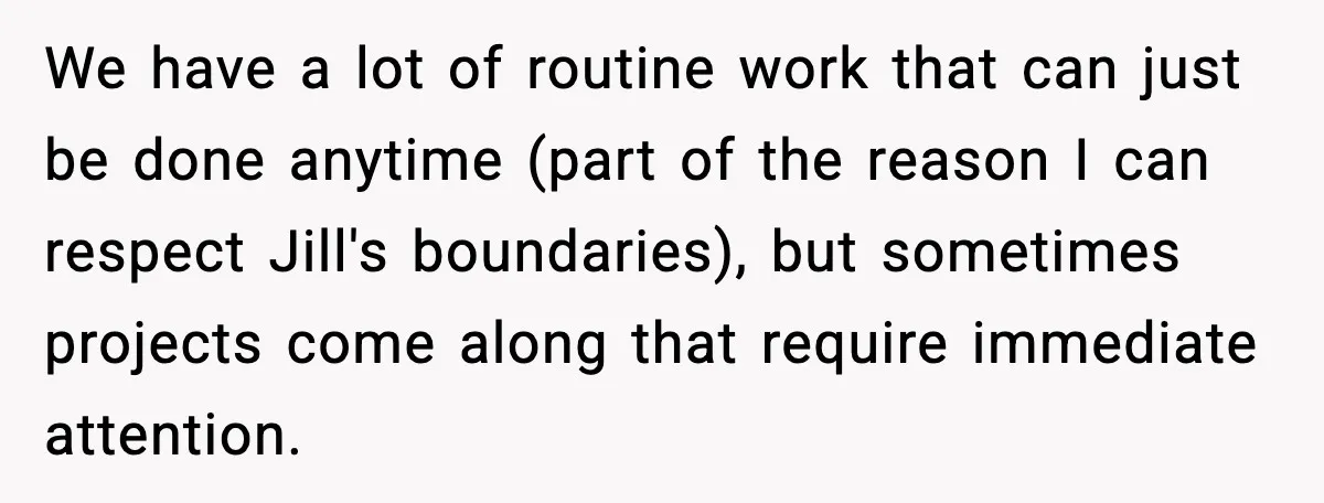 We have a lot of routine work that can just be done anytime (part of the reason I can respect Jill's boundaries), but sometimes projects come along that require immediate...