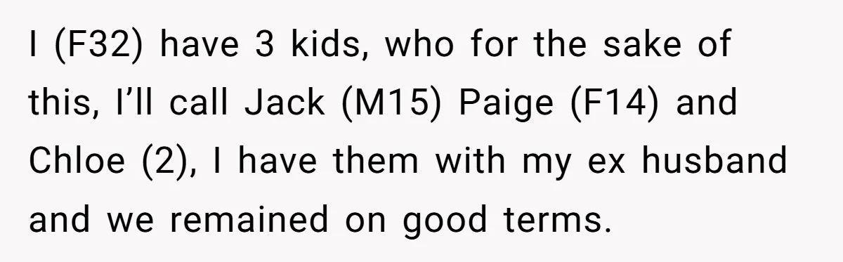 I (F32) have 3 kids, who for the sake of this, I’ll call Jack (M15) Paige (F14) and Chloe (2), I have them with my ex husband and we remained...