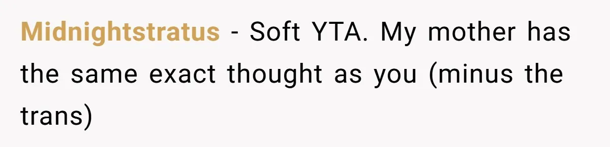 Midnightstratus − Soft YTA. My mother has the same exact thought as you (minus the trans)