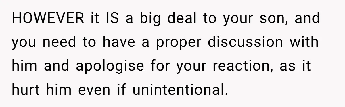 HOWEVER it IS a big deal to your son, and you need to have a proper discussion with him and apologise for your reaction, as it hurt him even if...
