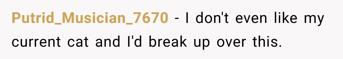 Putrid_Musician_7670 − I don't even like my current cat and I'd break up over this.