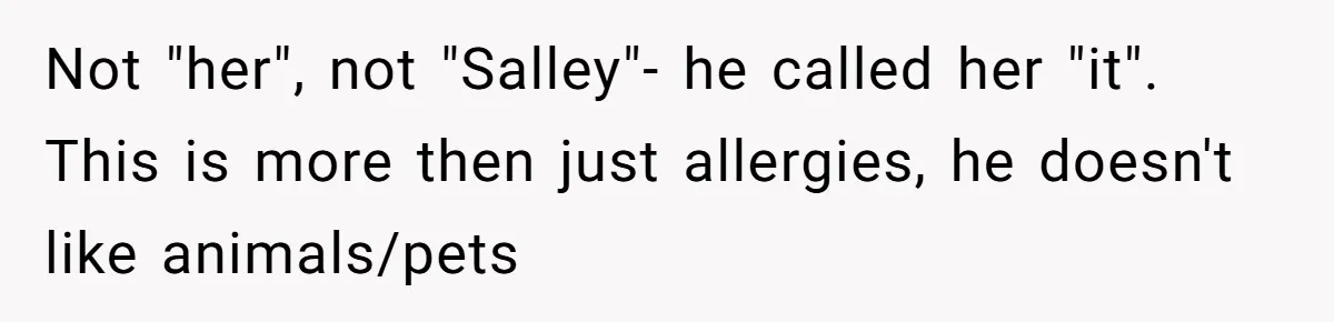 Not "her", not "Salley"- he called her "it". This is more then just allergies, he doesn't like animals/pets