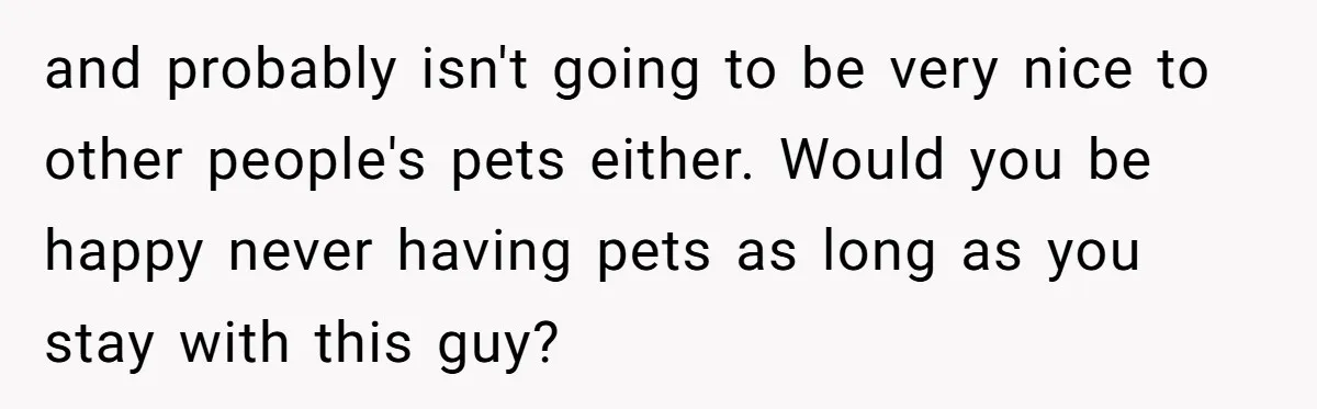 and probably isn't going to be very nice to other people's pets either. Would you be happy never having pets as long as you stay with this guy?