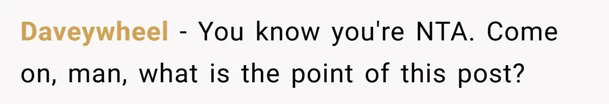 Daveywheel − You know you're NTA. Come on, man, what is the point of this post?