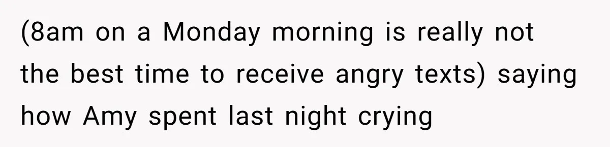 Man Accused Of Stealing Birthday Cake Slice After Accepting What He Was Offered (8am on a Monday morning is really not the best time to receive angry texts) saying how Amy spent last night crying