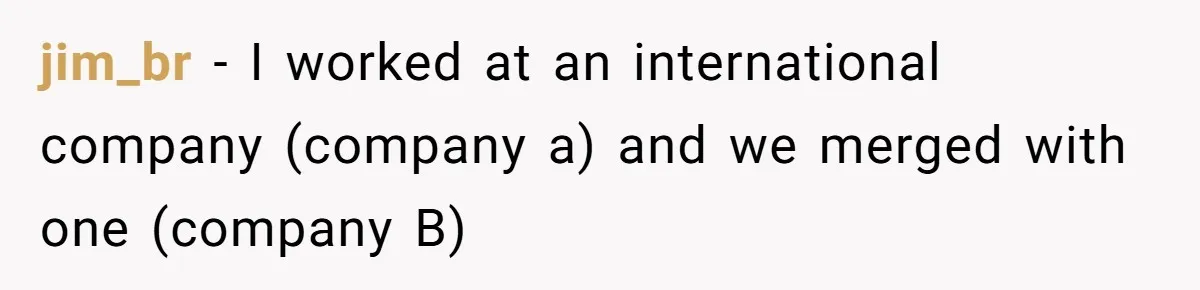 New CEO Imposes Strict Early Hours Policy, Which Ironically Lasts Only 2 Weeks jim_br − I worked at an international company (company a) and we merged with one (company B)