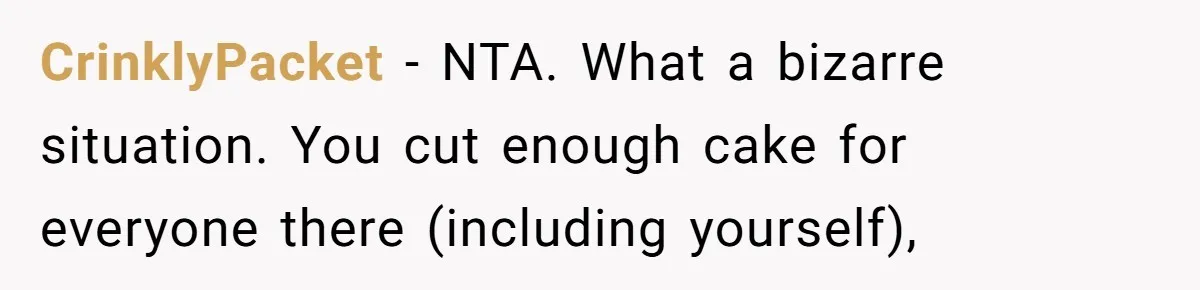 Man Accused Of Stealing Birthday Cake Slice After Accepting What He Was Offered CrinklyPacket − NTA. What a bizarre situation. You cut enough cake for everyone there (including yourself),