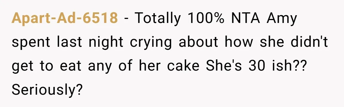 Man Accused Of Stealing Birthday Cake Slice After Accepting What He Was Offered Apart-Ad-6518 − Totally 100% NTA Amy spent last night crying about how she didn't get to eat any of her cake She's 30 ish?? Seriously?