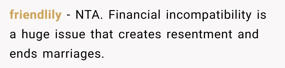 friendlily − NTA. Financial incompatibility is a huge issue that creates resentment and ends marriages.