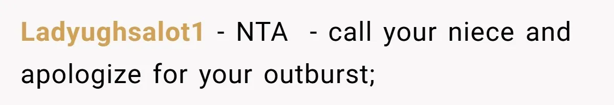 Ladyughsalot1 − NTA  - call your niece and apologize for your outburst;