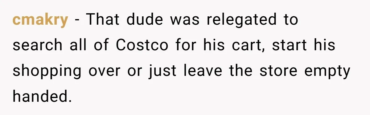cmakry − That dude was relegated to search all of Costco for his cart, start his shopping over or just leave the store empty handed.