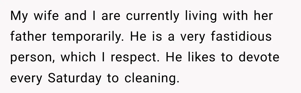 My wife and I are currently living with her father temporarily. He is a very fastidious person, which I respect. He likes to devote every Saturday to cleaning.