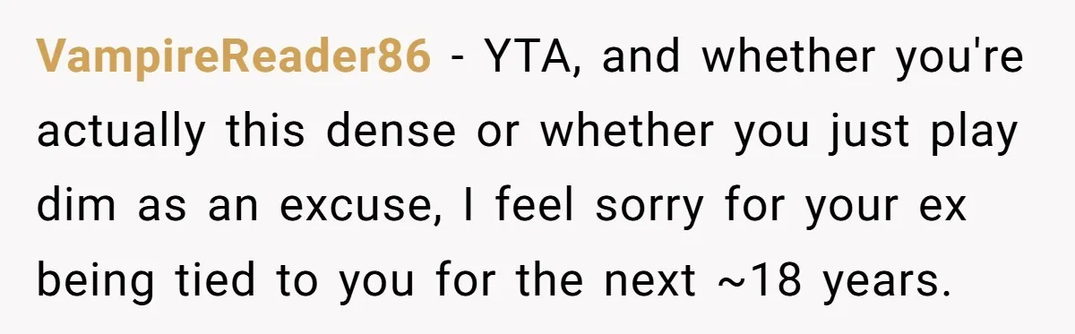 VampireReader86 − YTA, and whether you're actually this dense or whether you just play dim as an excuse, I feel sorry for your ex being tied to you for the...