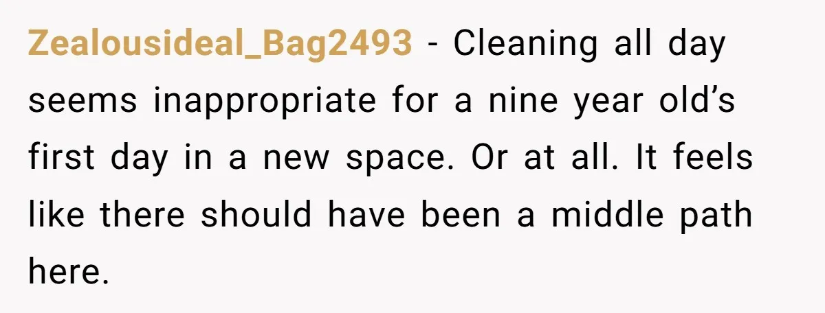 Zealousideal_Bag2493 − Cleaning all day seems inappropriate for a nine year old’s first day in a new space. Or at all. It feels like there should have been a middle...