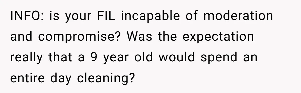 INFO: is your FIL incapable of moderation and compromise? Was the expectation really that a 9 year old would spend an entire day cleaning?