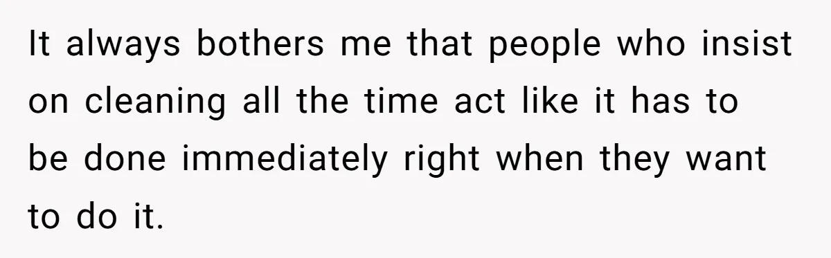 It always bothers me that people who insist on cleaning all the time act like it has to be done immediately right when they want to do it.