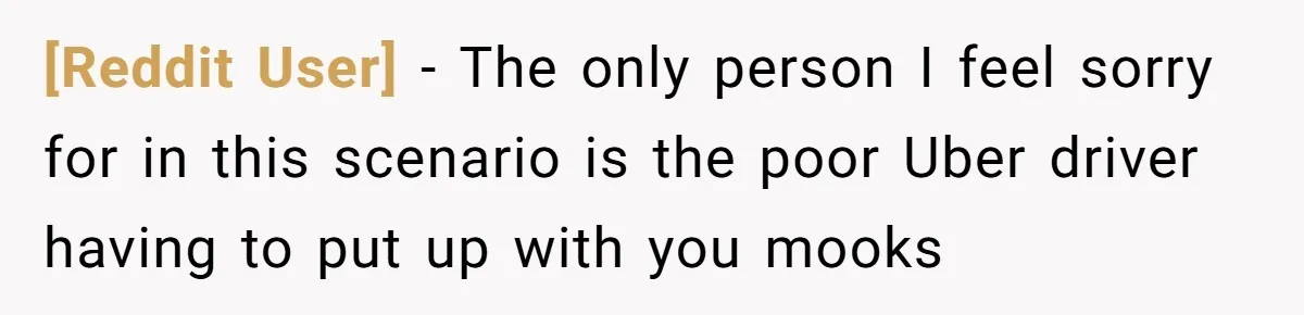 [Reddit User] − The only person I feel sorry for in this scenario is the poor Uber driver having to put up with you mooks