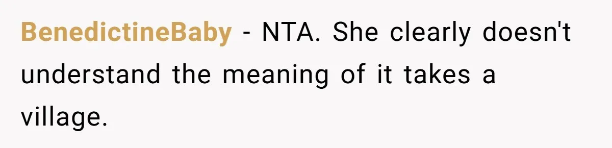 BenedictineBaby − NTA. She clearly doesn't understand the meaning of it takes a village.