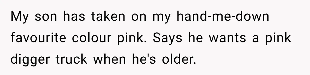 Expectant Parents Allow Husband To Choose Dino Printed Clothes For Baby Girl, Despite Family's Opinion My son has taken on my hand-me-down favourite colour pink. Says he wants a pink digger truck when he's older.