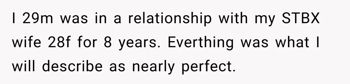 I 29m was in a relationship with my STBX wife 28f for 8 years. Everthing was what I will describe as nearly perfect.