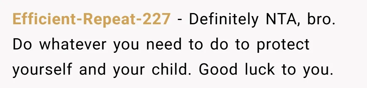 Efficient-Repeat-227 − Definitely NTA, bro. Do whatever you need to do to protect yourself and your child. Good luck to you.
