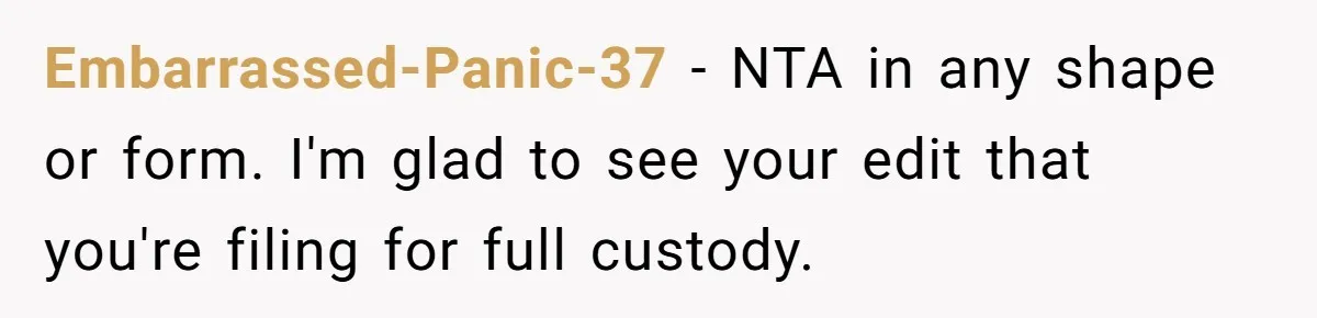 Embarrassed-Panic-37 − NTA in any shape or form. I'm glad to see your edit that you're filing for full custody.