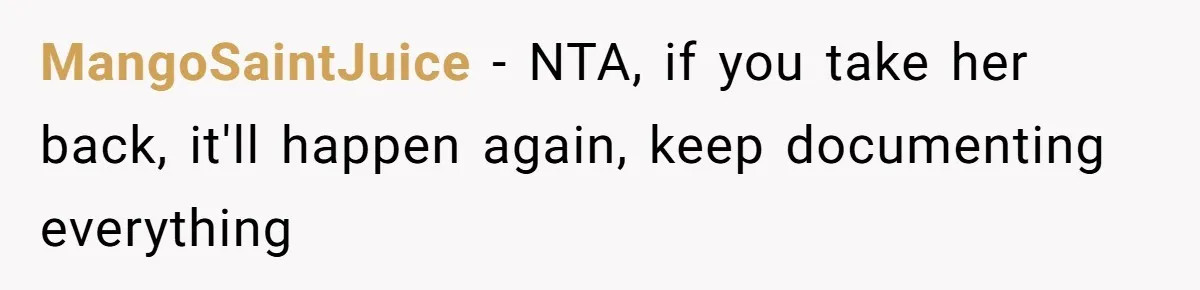 MangoSaintJuice − NTA, if you take her back, it'll happen again, keep documenting everything