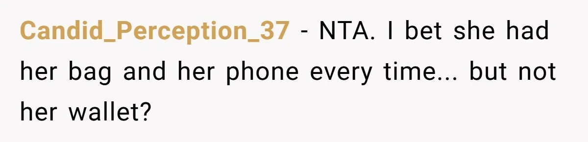 Candid_Perception_37 − NTA. I bet she had her bag and her phone every time... but not her wallet?