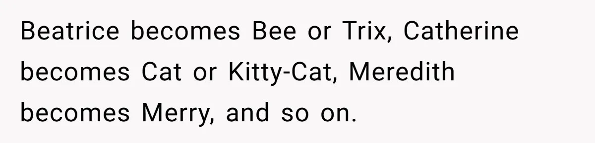 Beatrice becomes Bee or Trix, Catherine becomes Cat or Kitty-Cat, Meredith becomes Merry, and so on.