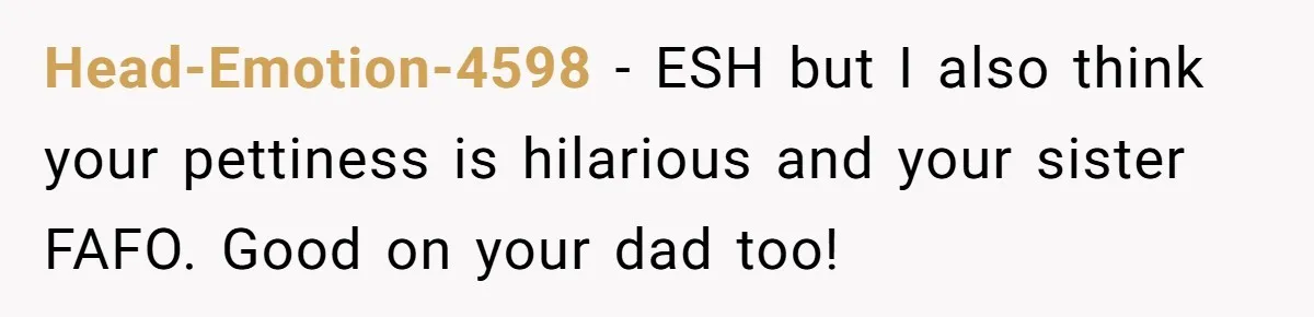 Woman Announces Pregnancy At Sister’s Wedding After Sister Proposed At Hers Head-Emotion-4598 − ESH but I also think your pettiness is hilarious and your sister FAFO. Good on your dad too!