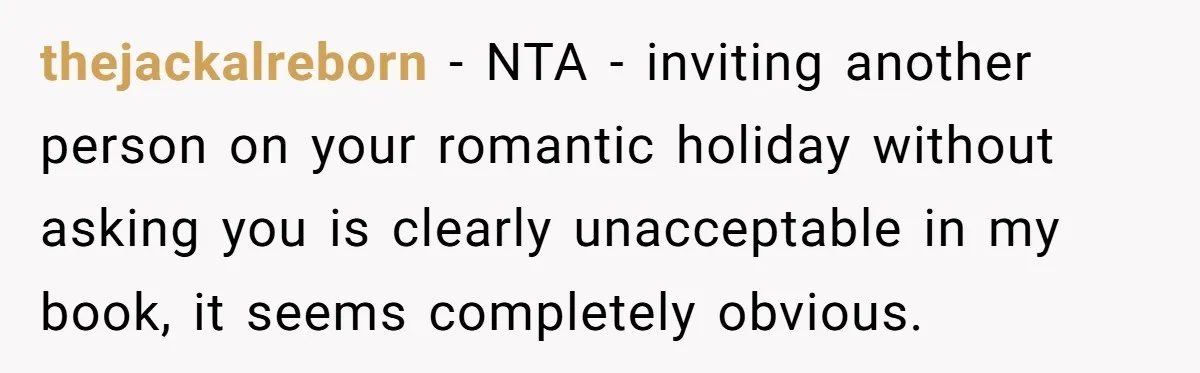 Boyfriend Plans Romantic Getaway For Two, Girlfriend Insists On Bringing Third Wheel Along thejackalreborn − NTA - inviting another person on your romantic holiday without asking you is clearly unacceptable in my book, it seems completely obvious.