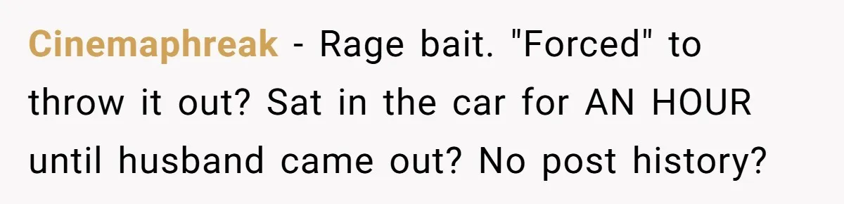 Cinemaphreak − Rage bait. "Forced" to throw it out? Sat in the car for AN HOUR until husband came out? No post history?