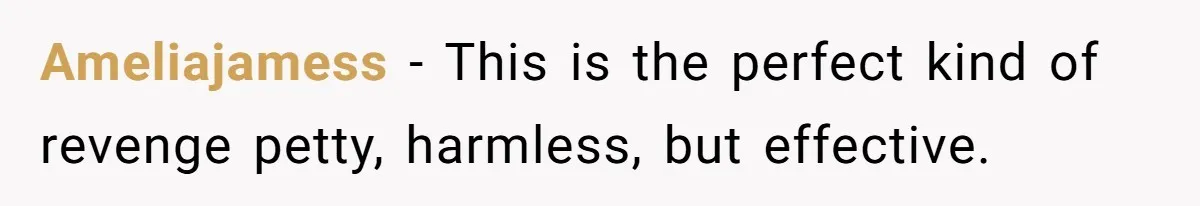 Ameliajamess − This is the perfect kind of revenge petty, harmless, but effective.
