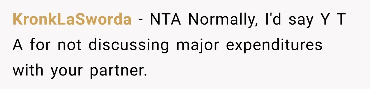 KronkLaSworda − NTA Normally, I'd say Y T A for not discussing major expenditures with your partner.