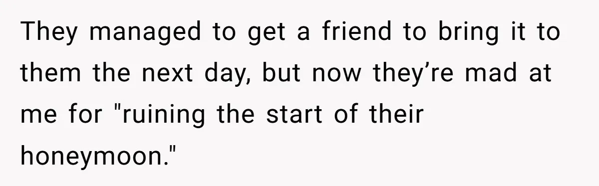 Brother Leaves Newlyweds Stranded On Honeymoon After Endless “Pranks” Cross The Line They managed to get a friend to bring it to them the next day, but now they’re mad at me for "ruining the start of their honeymoon."