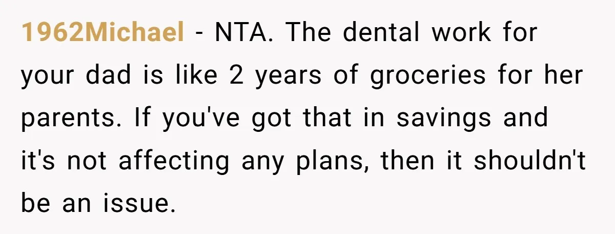 1962Michael − NTA. The dental work for your dad is like 2 years of groceries for her parents. If you've got that in savings and it's not affecting any plans,...