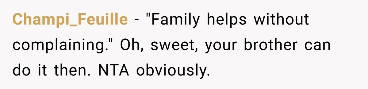 Champi_Feuille − "Family helps without complaining." Oh, sweet, your brother can do it then. NTA obviously.