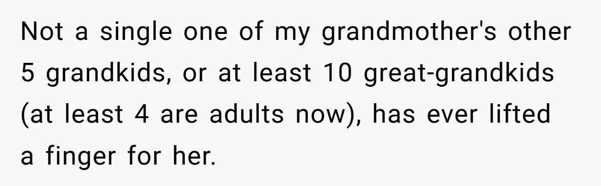 Not a single one of my grandmother's other 5 grandkids, or at least 10 great-grandkids (at least 4 are adults now), has ever lifted a finger for her.